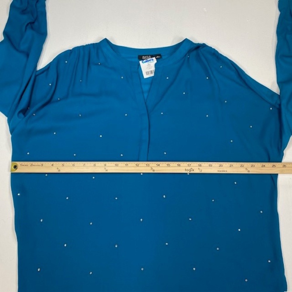 ANA A New Approach Teal Blue Studded Split Neck Blouse XL High Low Long Sleeve - Picture 5 of 9